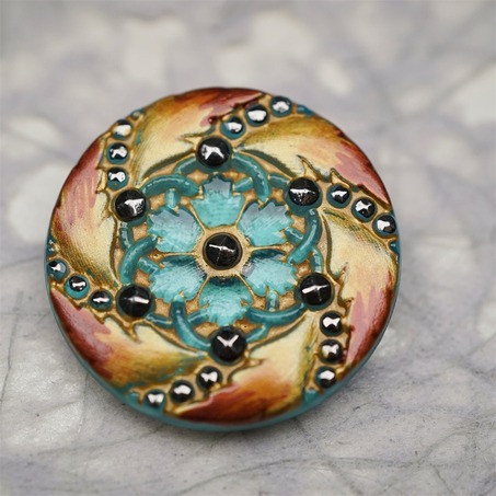 复古彩绘蓝绿拼橘色花纹~捷克古董纽扣珠侧孔珠玻璃琉璃珠 33MM-1