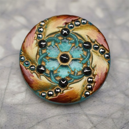 复古彩绘蓝绿拼橘色花纹~捷克古董纽扣珠侧孔珠玻璃琉璃珠 33MM-2