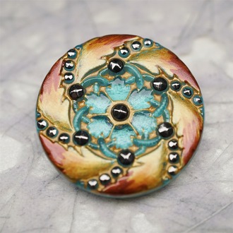 复古彩绘蓝绿拼橘色花纹~捷克古董纽扣珠侧孔珠玻璃琉璃珠 33MM