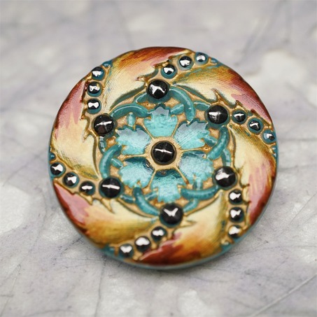 复古彩绘蓝绿拼橘色花纹~捷克古董纽扣珠侧孔珠玻璃琉璃珠 33MM