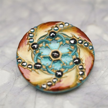 复古彩绘蓝绿拼橘色花纹~捷克古董纽扣珠侧孔珠玻璃琉璃珠 33MM-6