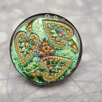 绿色光泽感爱心树叶花纹~捷克古董纽扣珠侧孔珠玻璃琉璃珠 33MM