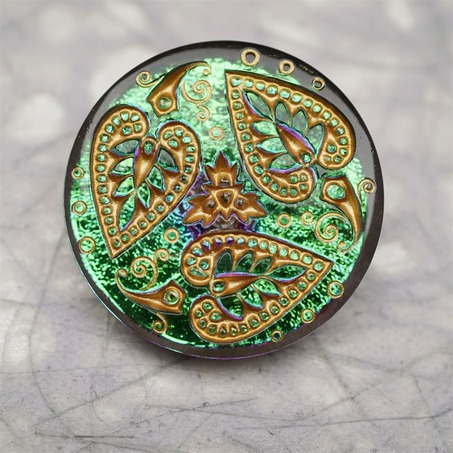 绿色光泽感爱心树叶花纹~捷克古董纽扣珠侧孔珠玻璃琉璃珠 33MM-3