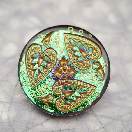 绿色光泽感爱心树叶花纹~捷克古董纽扣珠侧孔珠玻璃琉璃珠 33MM-2