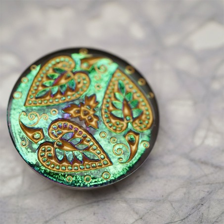 绿色光泽感爱心树叶花纹~捷克古董纽扣珠侧孔珠玻璃琉璃珠 33MM-6