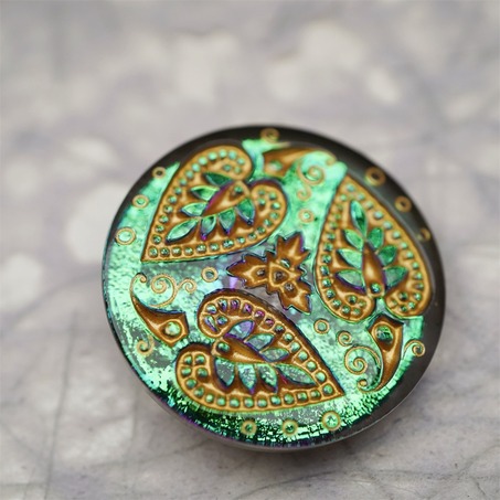 绿色光泽感爱心树叶花纹~捷克古董纽扣珠侧孔珠玻璃琉璃珠 33MM-5