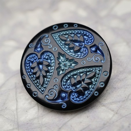 黑色系蓝绿色爱心树叶花纹~捷克古董纽扣珠侧孔珠玻璃琉璃珠 33MM-2