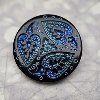 黑色系蓝绿色爱心树叶花纹~捷克古董纽扣珠侧孔珠玻璃琉璃珠 33MM