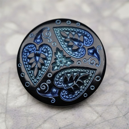 黑色系蓝绿色爱心树叶花纹~捷克古董纽扣珠侧孔珠玻璃琉璃珠 33MM