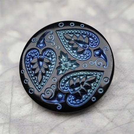 黑色系蓝绿色爱心树叶花纹~捷克古董纽扣珠侧孔珠玻璃琉璃珠 33MM-3