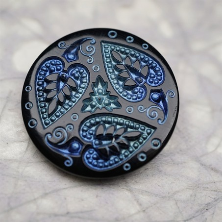 黑色系蓝绿色爱心树叶花纹~捷克古董纽扣珠侧孔珠玻璃琉璃珠 33MM-4