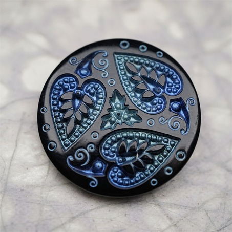 黑色系蓝绿色爱心树叶花纹~捷克古董纽扣珠侧孔珠玻璃琉璃珠 33MM-5