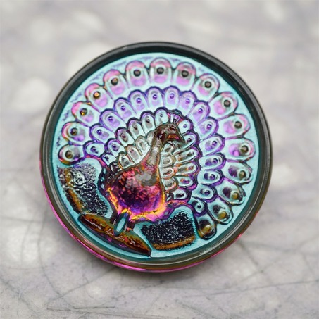 彩色光泽渐变孔雀~捷克古董纽扣珠侧孔珠玻璃琉璃珠 32MM-3
