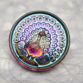 彩色光泽渐变孔雀~捷克古董纽扣珠侧孔珠玻璃琉璃珠 32MM