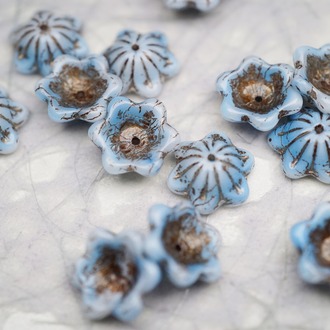 亮面奶油蓝白色mix描古铜金色~小碗花贝尔铃铛花铃兰捷克珠玻璃琉璃珠 14MM