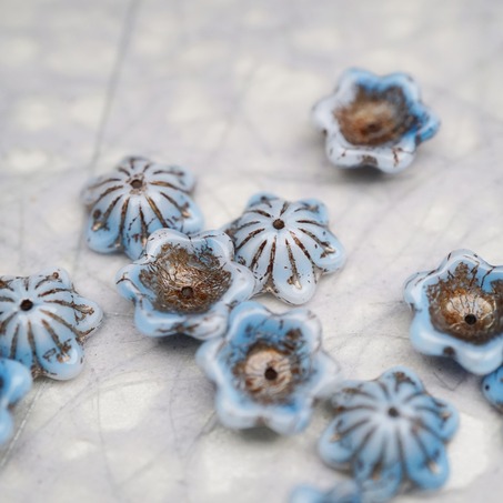 亮面奶油蓝白色mix描古铜金色~小碗花贝尔铃铛花铃兰捷克珠玻璃琉璃珠 14MM-3