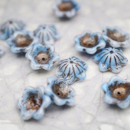 亮面奶油蓝白色mix描古铜金色~小碗花贝尔铃铛花铃兰捷克珠玻璃琉璃珠 14MM-2