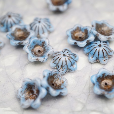 亮面奶油蓝白色mix描古铜金色~小碗花贝尔铃铛花铃兰捷克珠玻璃琉璃珠 14MM-5