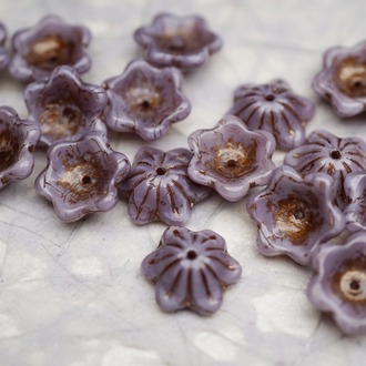 亮面复古丝绸紫mix描古铜金色~小碗花贝尔铃铛花铃兰捷克珠玻璃琉璃珠 14MM