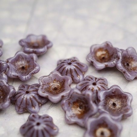 亮面复古丝绸紫mix描古铜金色~小碗花贝尔铃铛花铃兰捷克珠玻璃琉璃珠 14MM-3