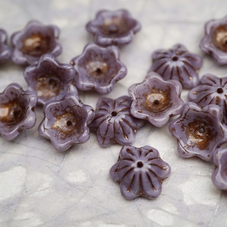 亮面复古丝绸紫mix描古铜金色~小碗花贝尔铃铛花铃兰捷克珠玻璃琉璃珠 14MM-2