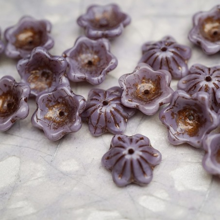 亮面复古丝绸紫mix描古铜金色~小碗花贝尔铃铛花铃兰捷克珠玻璃琉璃珠 14MM-4