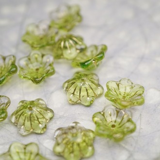 亮面透明果酱绿mix描古铜金色~小碗花贝尔铃铛花铃兰捷克珠玻璃琉璃珠 14MM