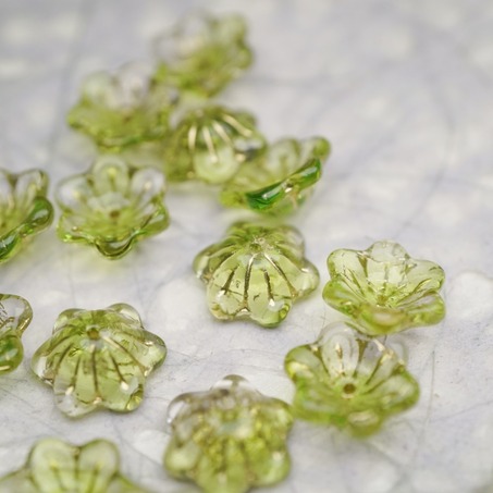 亮面透明果酱绿mix描古铜金色~小碗花贝尔铃铛花铃兰捷克珠玻璃琉璃珠 14MM