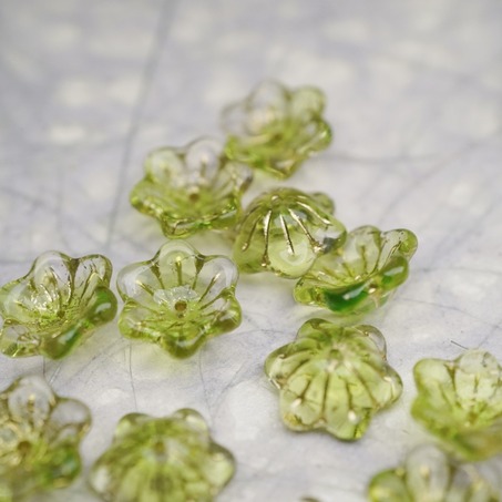 亮面透明果酱绿mix描古铜金色~小碗花贝尔铃铛花铃兰捷克珠玻璃琉璃珠 14MM-3