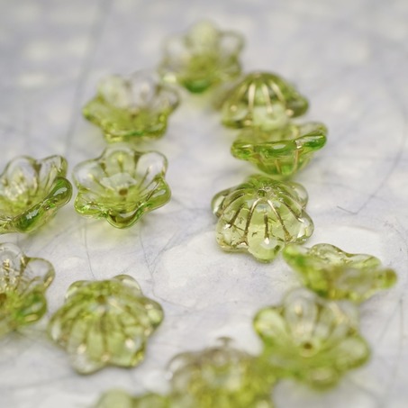 亮面透明果酱绿mix描古铜金色~小碗花贝尔铃铛花铃兰捷克珠玻璃琉璃珠 14MM-6