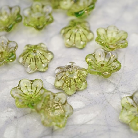 亮面透明果酱绿mix描古铜金色~小碗花贝尔铃铛花铃兰捷克珠玻璃琉璃珠 14MM-5