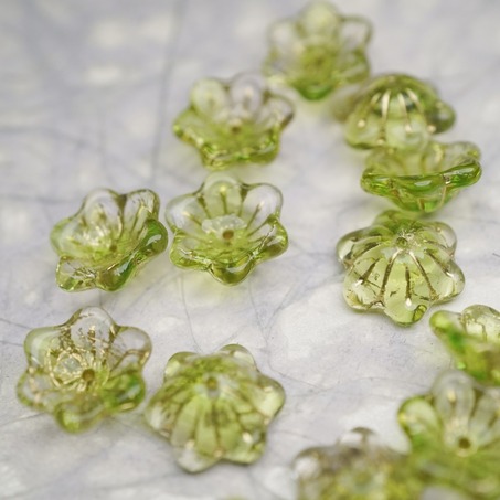 亮面透明果酱绿mix描古铜金色~小碗花贝尔铃铛花铃兰捷克珠玻璃琉璃珠 14MM-7