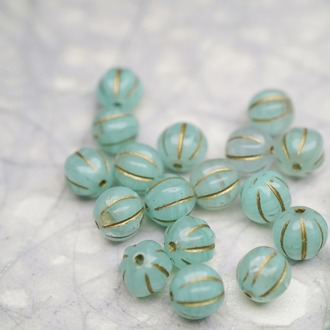 薄荷绿条纹mix描金色~捷克珠南瓜珠玻璃琉璃珠 8MM