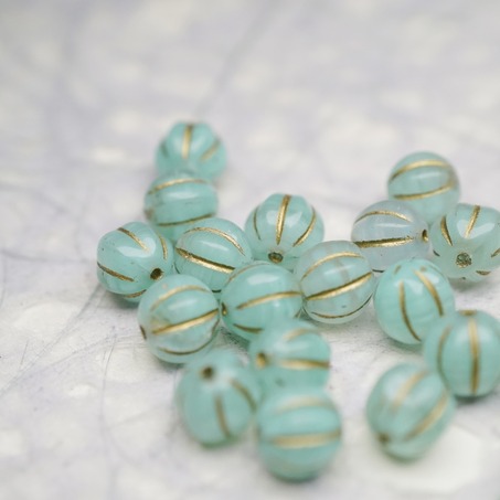 薄荷绿条纹mix描金色~捷克珠南瓜珠玻璃琉璃珠 8MM-2