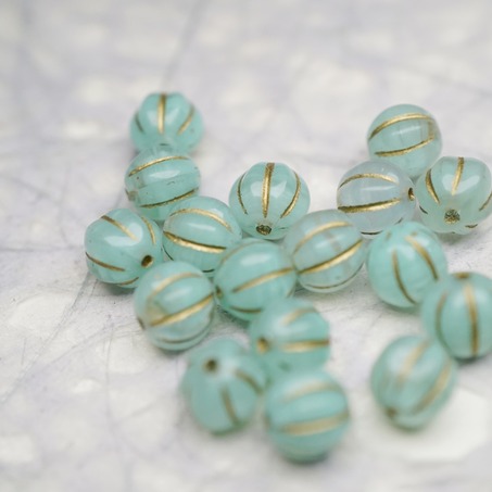 薄荷绿条纹mix描金色~捷克珠南瓜珠玻璃琉璃珠 8MM-3