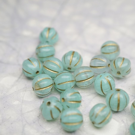 薄荷绿条纹mix描金色~捷克珠南瓜珠玻璃琉璃珠 8MM-4