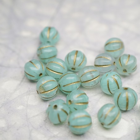 薄荷绿条纹mix描金色~捷克珠南瓜珠玻璃琉璃珠 8MM-5