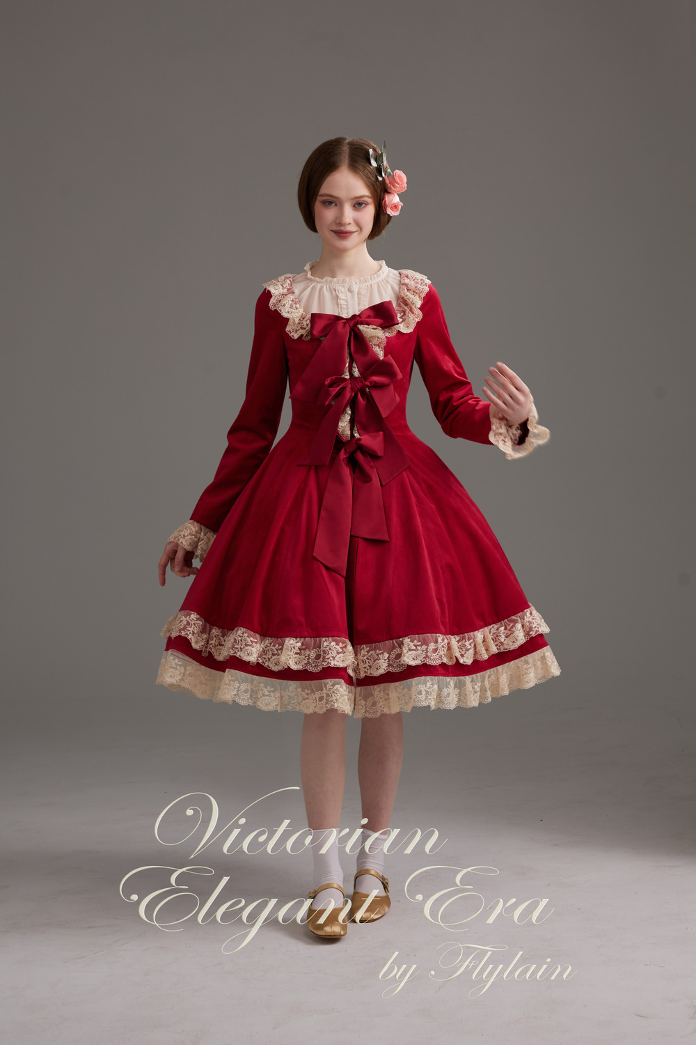 维多利亚优雅年代-丝绒开襟修身连衣裙