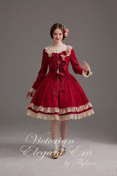 维多利亚优雅年代-丝绒开襟修身连衣裙