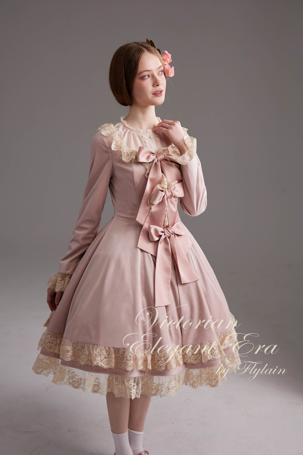 维多利亚优雅年代-丝绒开襟修身连衣裙-10