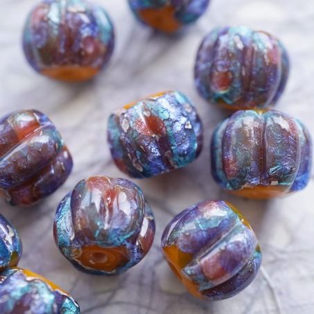 稀有橘撞色彩色银箔熔岩琉璃~手造异形直孔南瓜珠日本进口中古古董灯工玻璃琉璃珠 约14MM-1