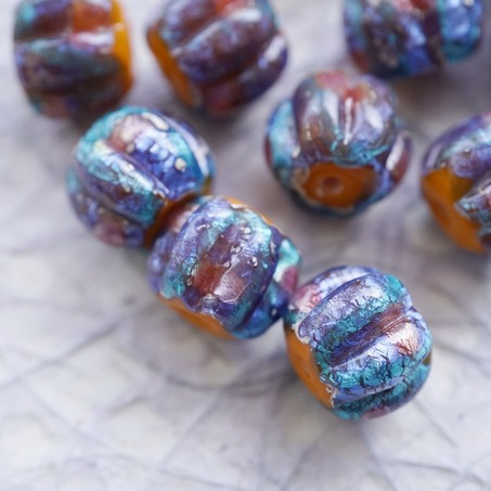 稀有橘撞色彩色银箔熔岩琉璃~手造异形直孔南瓜珠日本进口中古古董灯工玻璃琉璃珠 约14MM-3