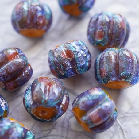 稀有橘撞色彩色银箔熔岩琉璃~手造异形直孔南瓜珠日本进口中古古董灯工玻璃琉璃珠 约14MM-2