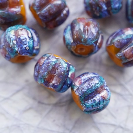 稀有橘撞色彩色银箔熔岩琉璃~手造异形直孔南瓜珠日本进口中古古董灯工玻璃琉璃珠 约14MM