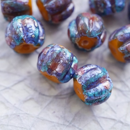 稀有橘撞色彩色银箔熔岩琉璃~手造异形直孔南瓜珠日本进口中古古董灯工玻璃琉璃珠 约14MM-4