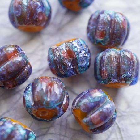 稀有橘撞色彩色银箔熔岩琉璃~手造异形直孔南瓜珠日本进口中古古董灯工玻璃琉璃珠 约14MM-6