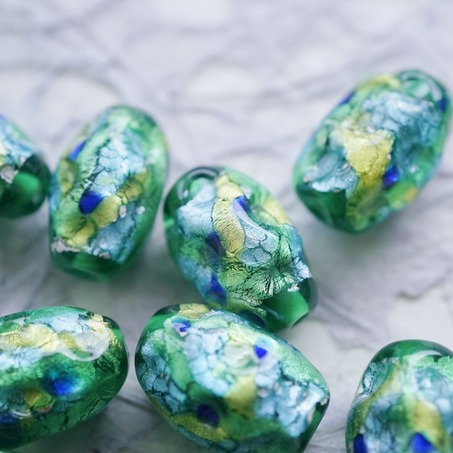 稀有森林湖泊配色熔岩琉璃银箔~手造异形直孔日本进口中古古董灯工玻璃琉璃珠 约16X12MM-2