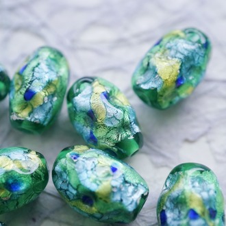 稀有森林湖泊配色熔岩琉璃银箔~手造异形直孔日本进口中古古董灯工玻璃琉璃珠 约16X12MM