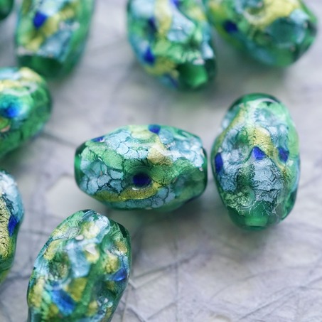 稀有森林湖泊配色熔岩琉璃银箔~手造异形直孔日本进口中古古董灯工玻璃琉璃珠 约16X12MM-6