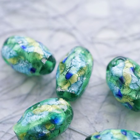 稀有森林湖泊配色熔岩琉璃银箔~手造异形直孔日本进口中古古董灯工玻璃琉璃珠 约16X12MM-7